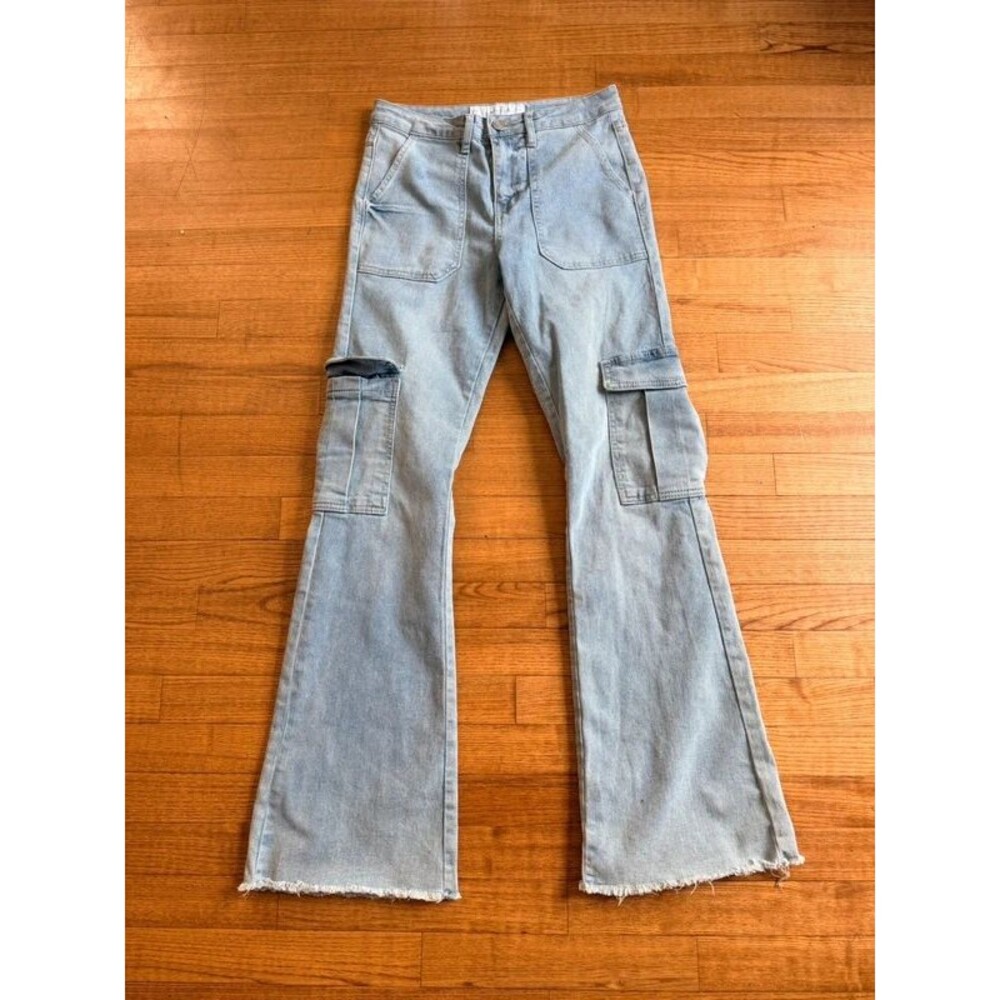 Indigo Rein Women's Sz 7 Y2k 90s Blue Denim Light Wash WIDE Flare Jeans Cargo